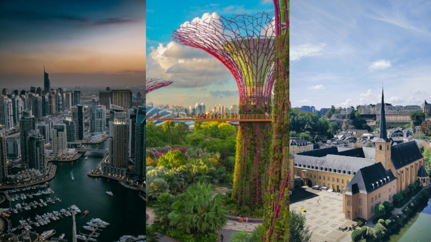 Dubai, Singapore, Luxembourg. Credit: Ashim D’Silva, Coleen Rivas, Alena Praslova / Unsplash