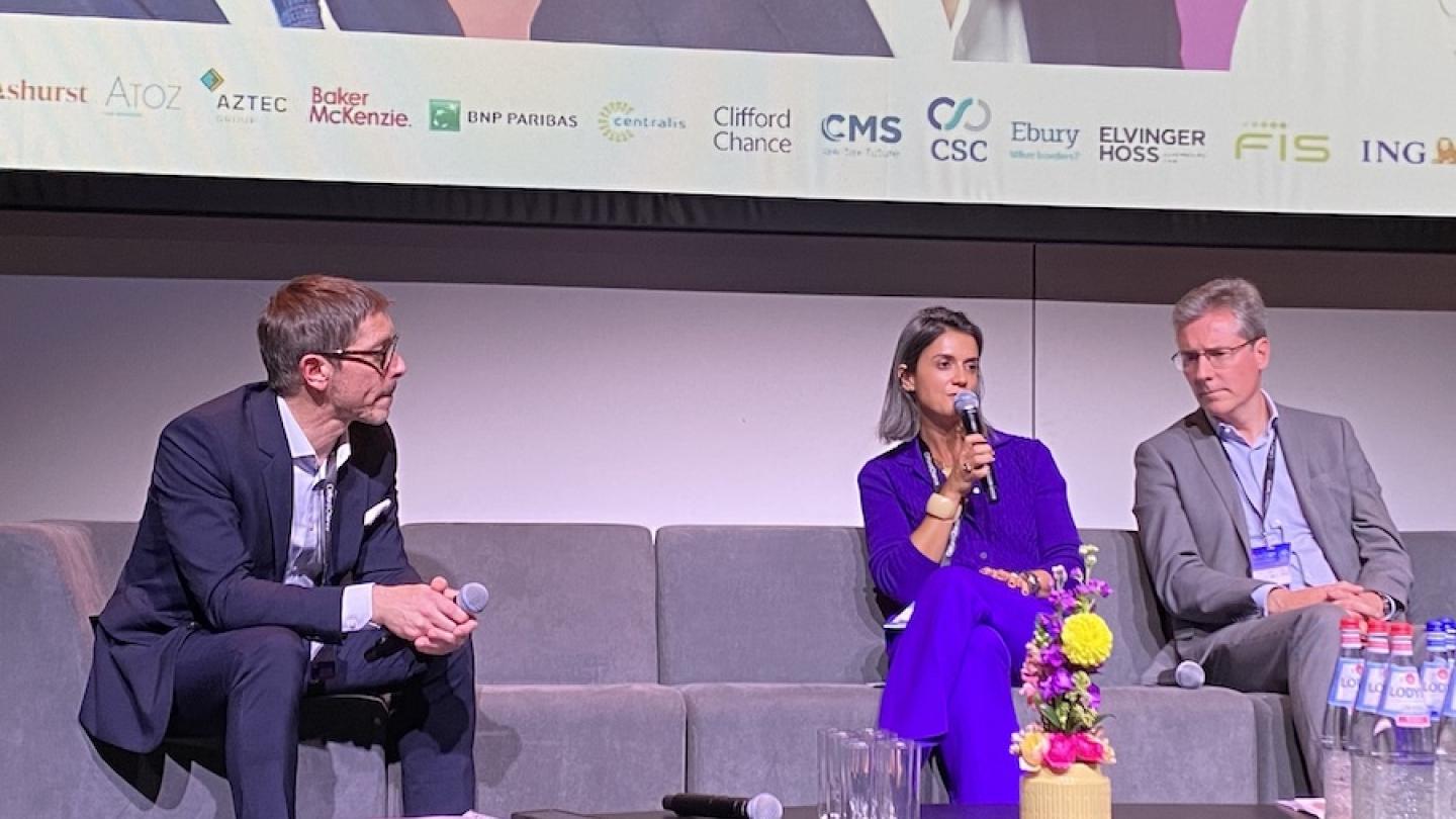 Yaday’s Pauline Bovyn and Stonehage Fleming's Raphael Eder (right) on stage at the LPEA Insights conference. Photo: IO.