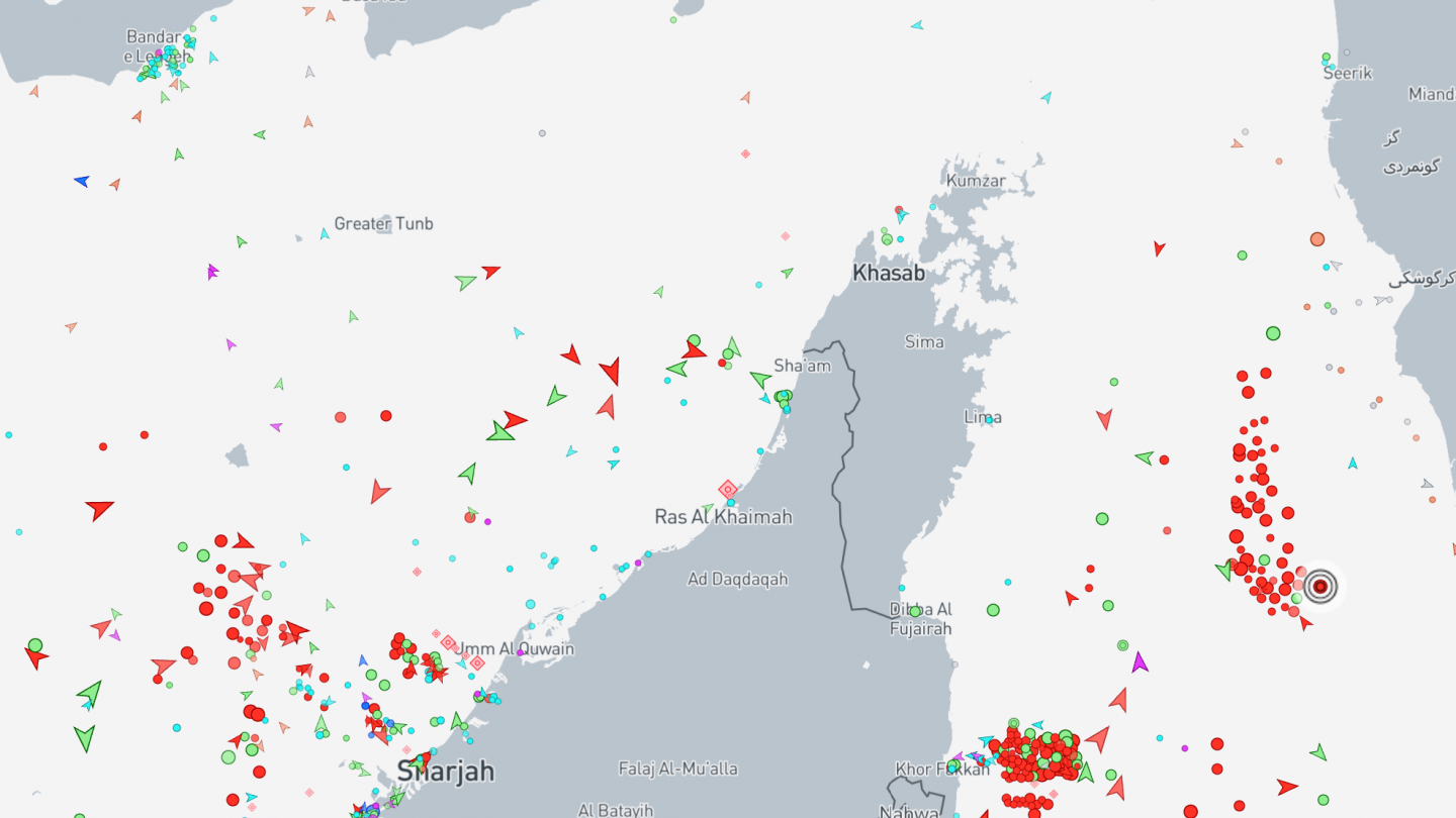 The red dots show ships waiting to cross the Strait of Hormuz Sunday evening. Image: MarineTraffic.