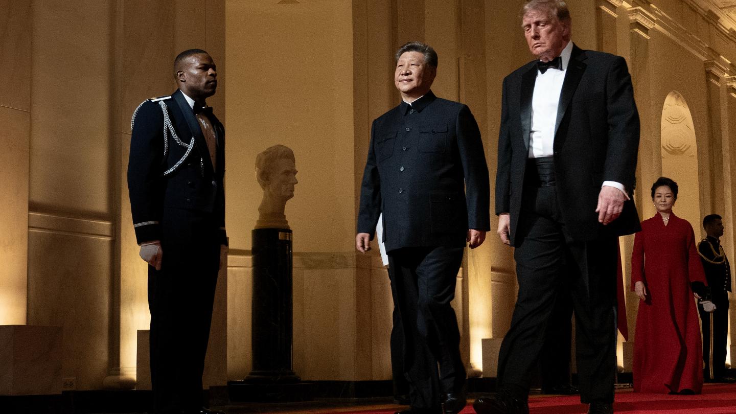 US President Donald Trump and China's President Xi Jinping arrive for a State Dinner in the East Room of the White House in Washington, DC, on September 24, 2026. President Xi is on a State visit to the United States from September 23 to 25. Brendan Smialowski / AFP
