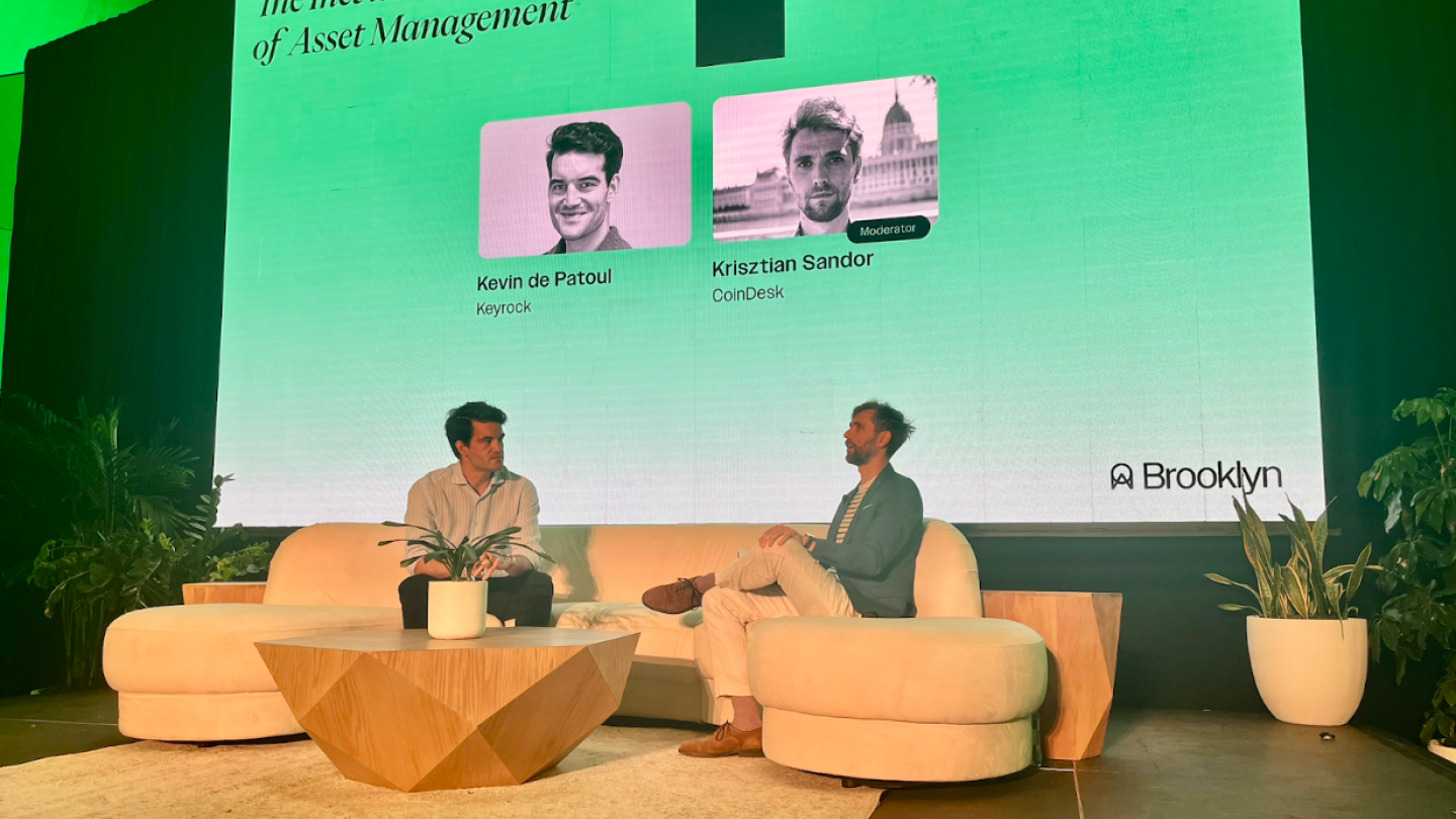 Keyrock CEO Kevin de Patoul (left) speaking at the Real World Asset Summit in Brooklyn last week. 