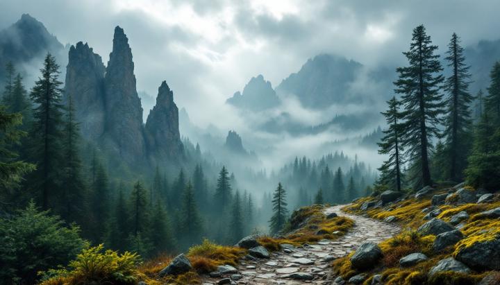 Misty mountain trail. Photo: StockCake.