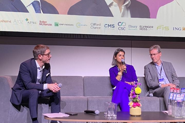 Yaday’s Pauline Bovyn and Stonehage Fleming&#039;s Raphael Eder (right) on stage at the LPEA Insights conference. Photo: IO.