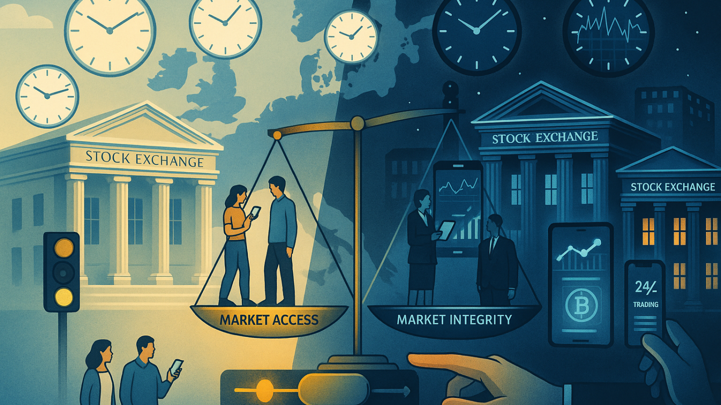 European markets: Day vs night. Illustration generated via Dall-e AI.