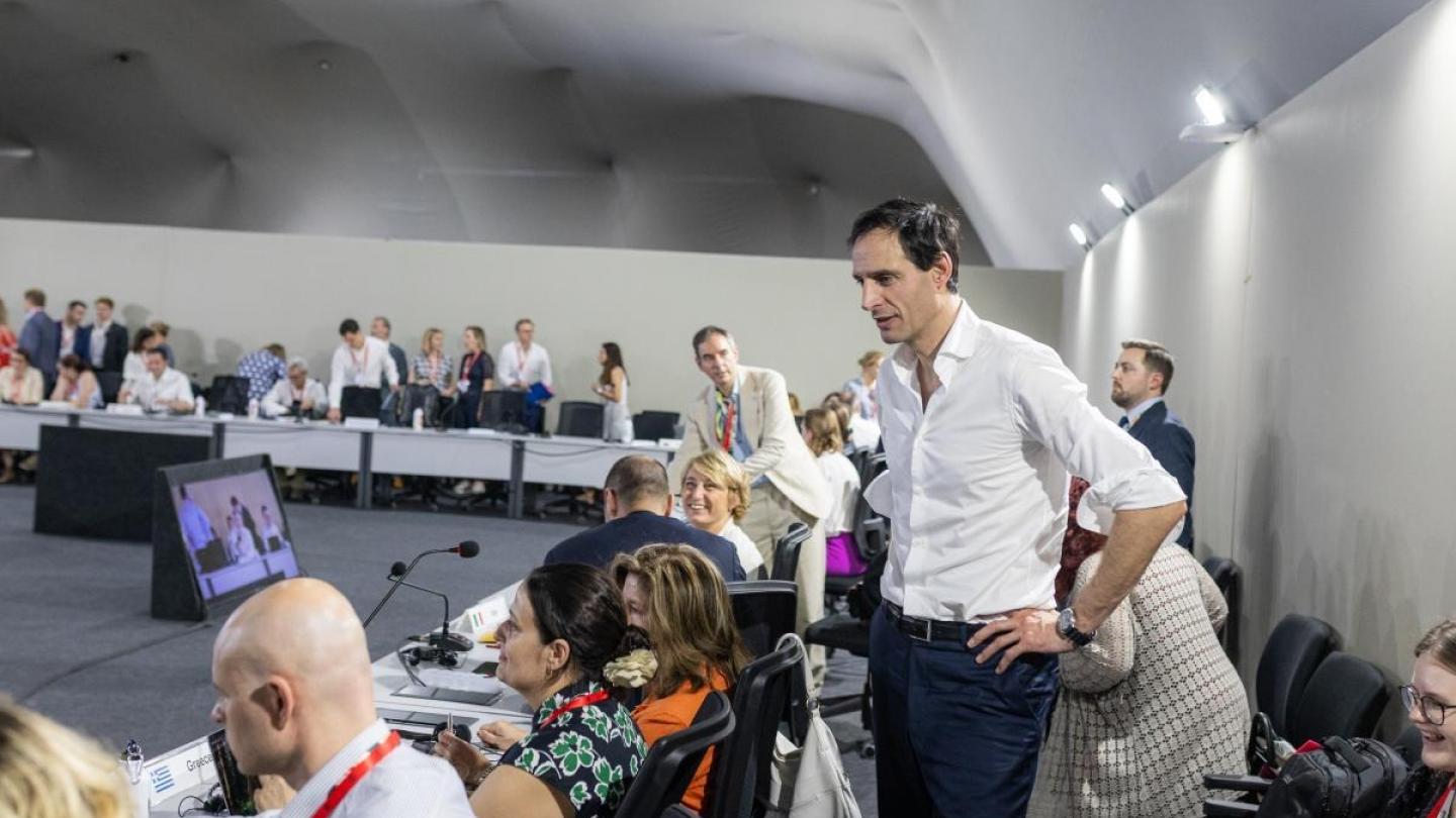 The EU's climate commissioner Wopke Hoekstra, right, takes part in a ministerial meeting during COP30, in Belém, Brazil. Photo: EU.