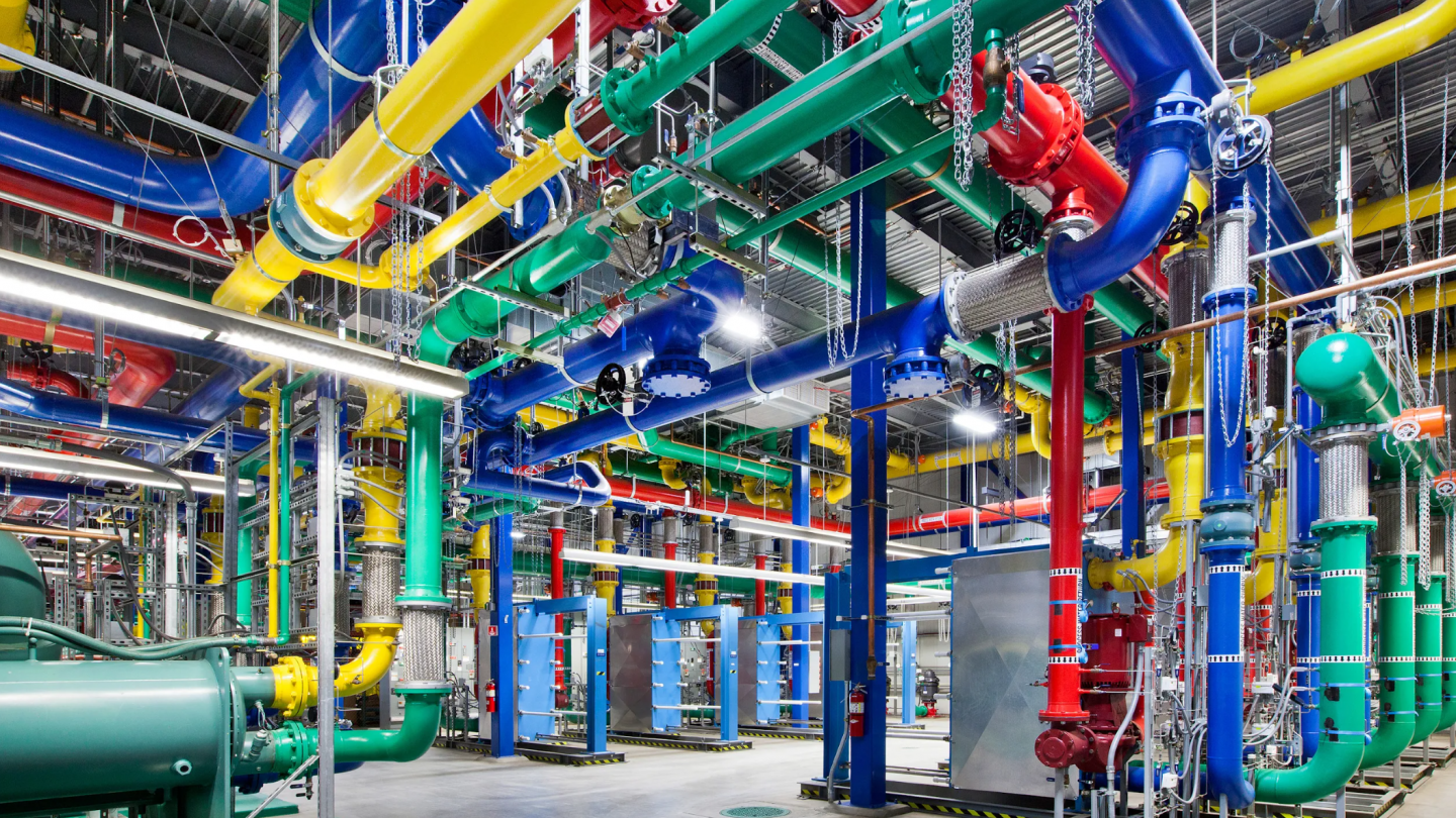 Cooling pipes at Google's data centre in Oregon. Photo: Google.
