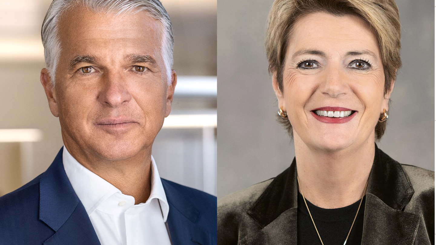 UBS CEO Sergio Ermotti en de Zwitserse minister van Financiën Karin Keller-Sutter.