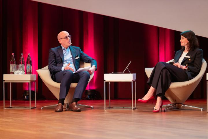 Clifford Chance's Emmanuel-Frédéric Henrion and Marie Preat speaking at the firm's March 2023 global funds conference in Luxembourg.