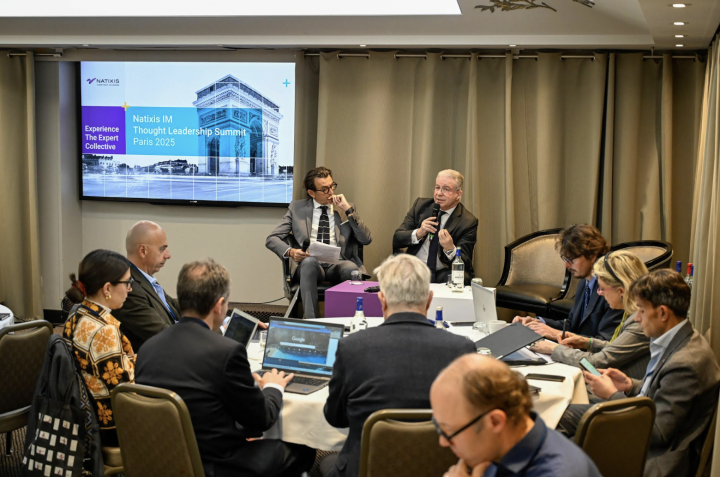 Natixis IM CEO Philippe Setbon speaking to journalists in Paris on Thursday. Photo by Natixis.