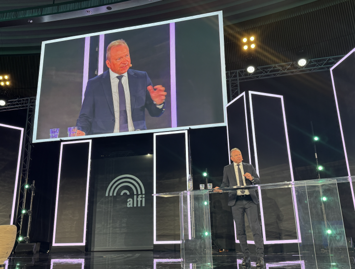 Luxembourg finance minister Gilles Roth speaking at the ALFI conference on Tuesday. Photo: IO.