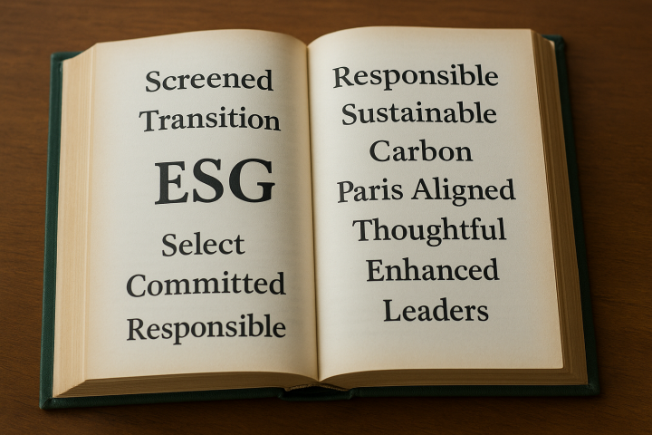 Illustratie gegenereerd met AI via OpenAI’s DALL·E, gebaseerd op naamgevingsdata van ESG-fondsen van Morningstar (2025).