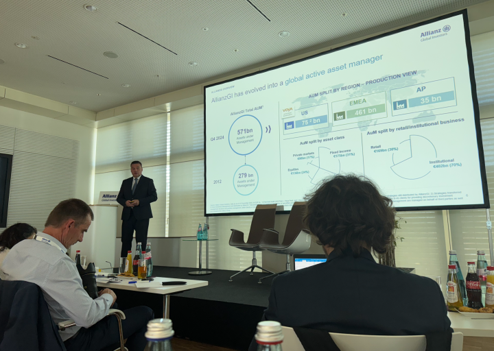 AllianzGI CEO Tobias Pross delivering his strategy update in Frankfurt last Tuesday. Photo: IO.