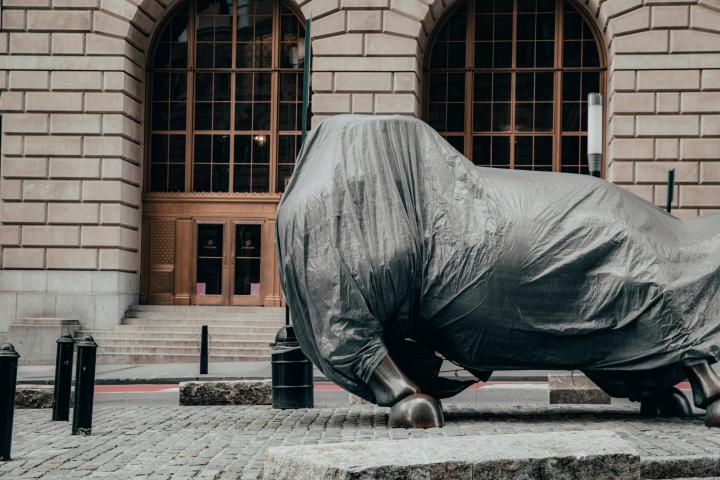 Wall Street’s iconic Charging Bull, temporarily wrapped, much like confidence in the dollar. Foto: Yucal Moran, Unsplash.
