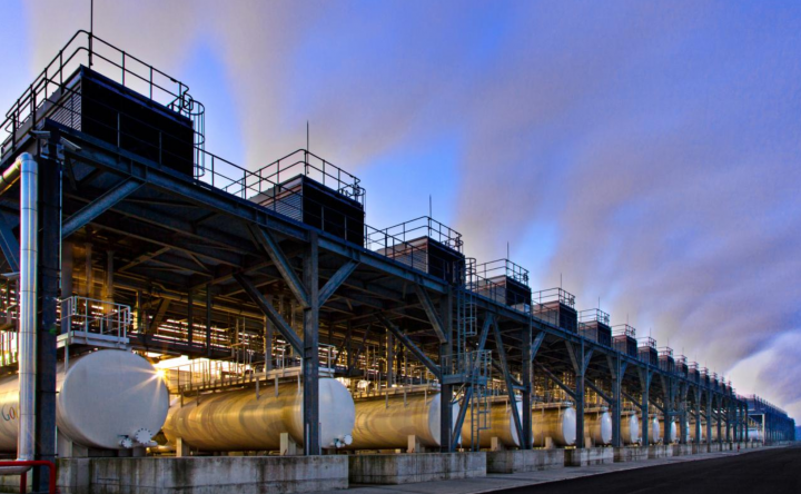 A row of cooling towers at Google's data center near Mons, Belgium. Photo: Wikimapia CC.