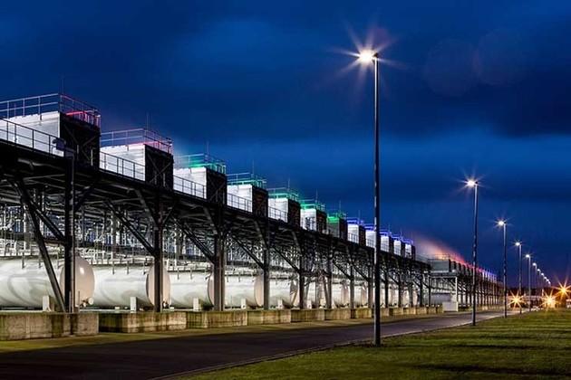 A row of cooling towers at Google's data centre near Mons, Belgium.
