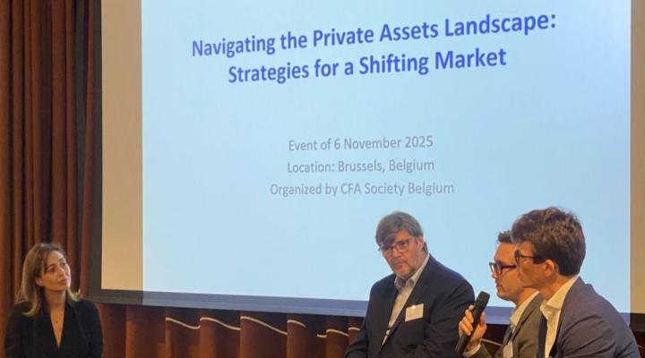 Nadia Popova de Coninck (moderator), Filip Moeykens (Patronale Life), Jeremy Sigart (Securex), Xavier Piret (Synatom) - CFA Society Belgium