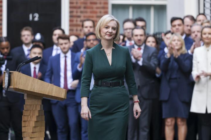 Liz Truss leaves Downing Street 10 on 25 October. Photo by Rory Arnold, via Flickr CC-BY-2.0.