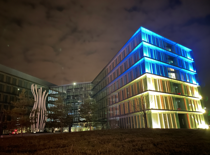 PWC's Crystal Park office in Luxembourg was lit up in the colours of Ukraine's flag. Photo: PWC.